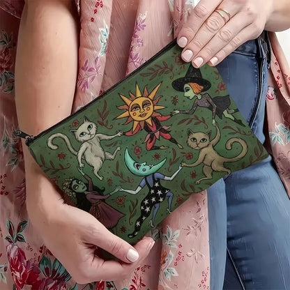 Forest Night Makeup Bag Whimsical Witch Cat and Moon Design