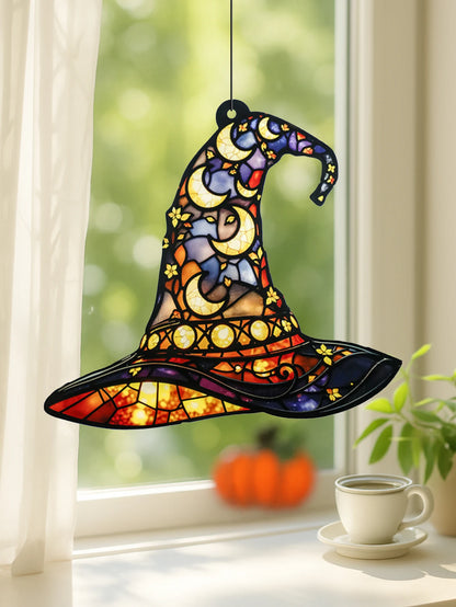 Halloween Witch Hat Window Hanging Acrylic Sun Catchers Hat Shaped with Moon & Floral Pendant Wall Decortions for Home & Garden