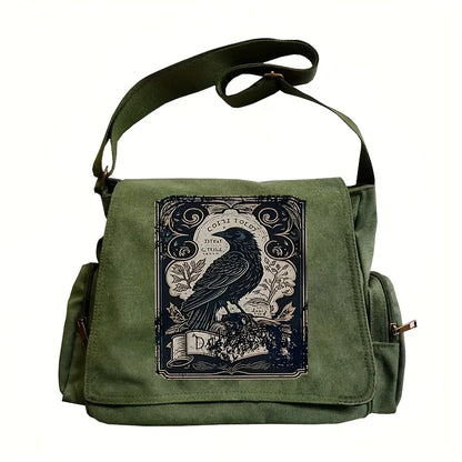 Vintage Raven Print Canvas Messenger Bag Large Capacity