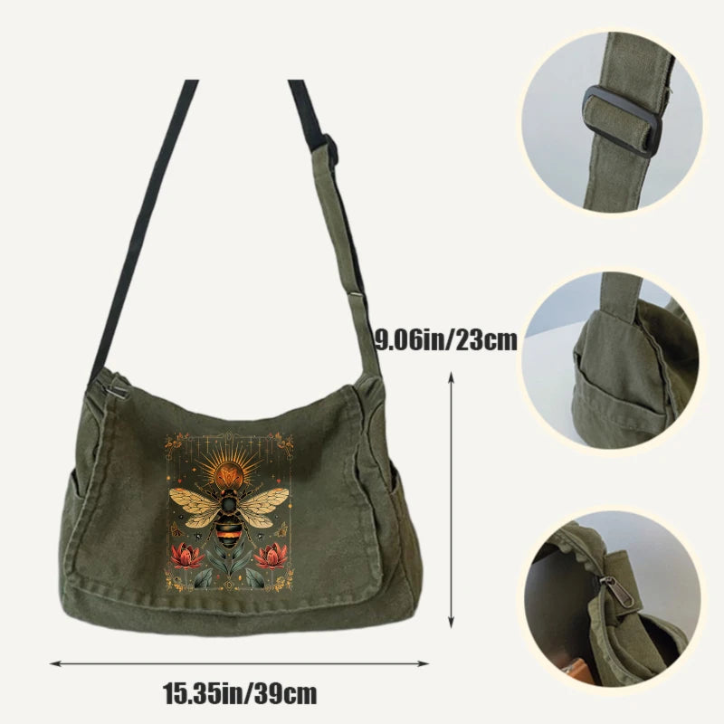Vintage Women's Shoulder Bag Canvas Bee Print Large Capacity