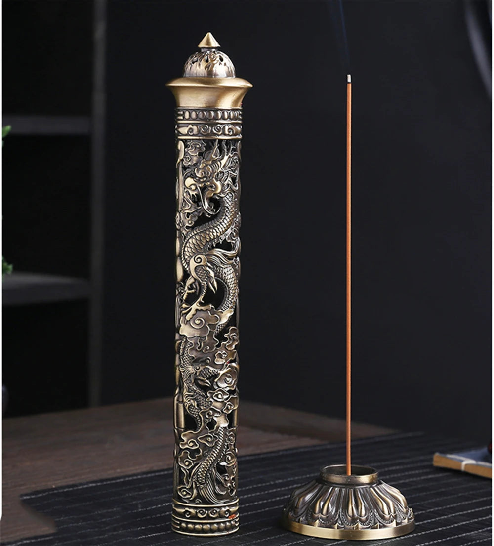 Archaize Vertical Incense Burner Buddha Heart Sutra Dragon Phoenix Pillar Metal Thread Incense Stick Home Office Decoration
