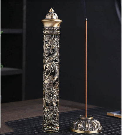 Archaize Vertical Incense Burner Buddha Heart Sutra Dragon Phoenix Pillar Metal Thread Incense Stick Home Office Decoration