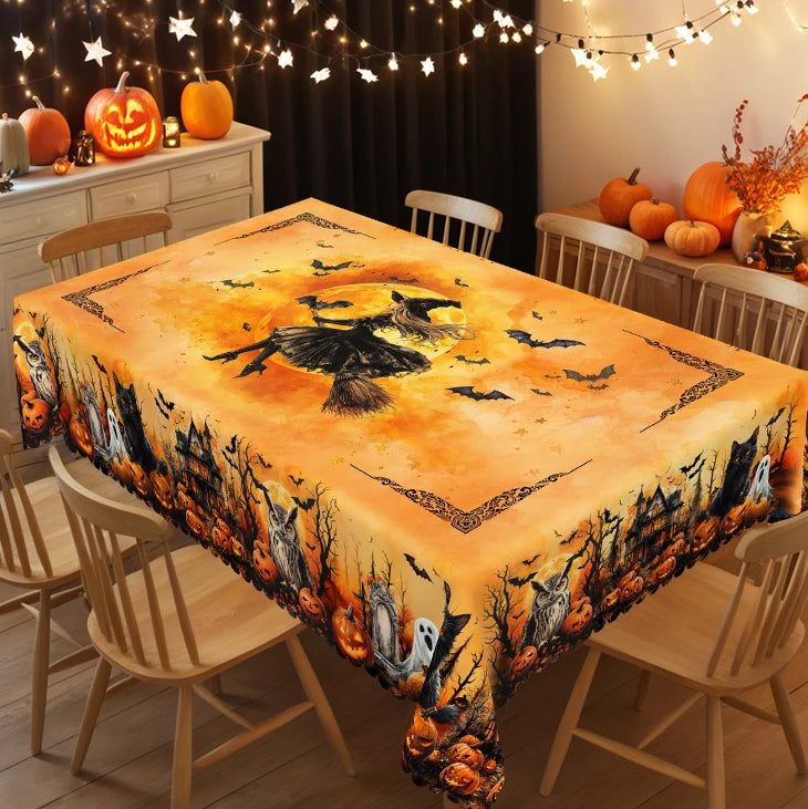 Printed Tablecloth, Featuring Castles, Pumpkins, Black Cats, and White Ghost Patterns