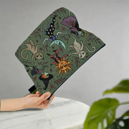 Forest Night Makeup Bag Whimsical Witch Cat and Moon Design