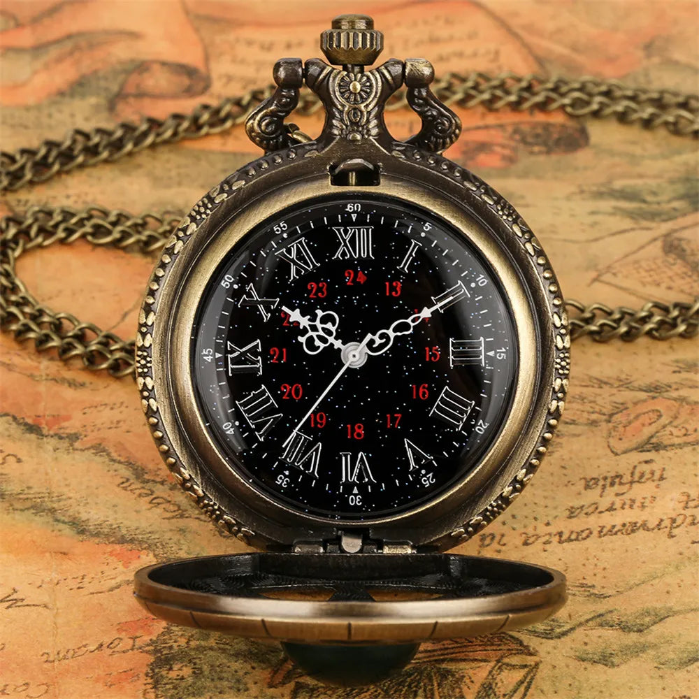 Hollow Sun Rhinestone Decorated Chic Bronze Quartz Pocket Watch Men Women Black Starry Roman Numerals Fob Chain Pendant Clock