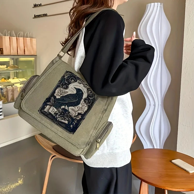 Vintage Raven Print Canvas Messenger Bag Large Capacity