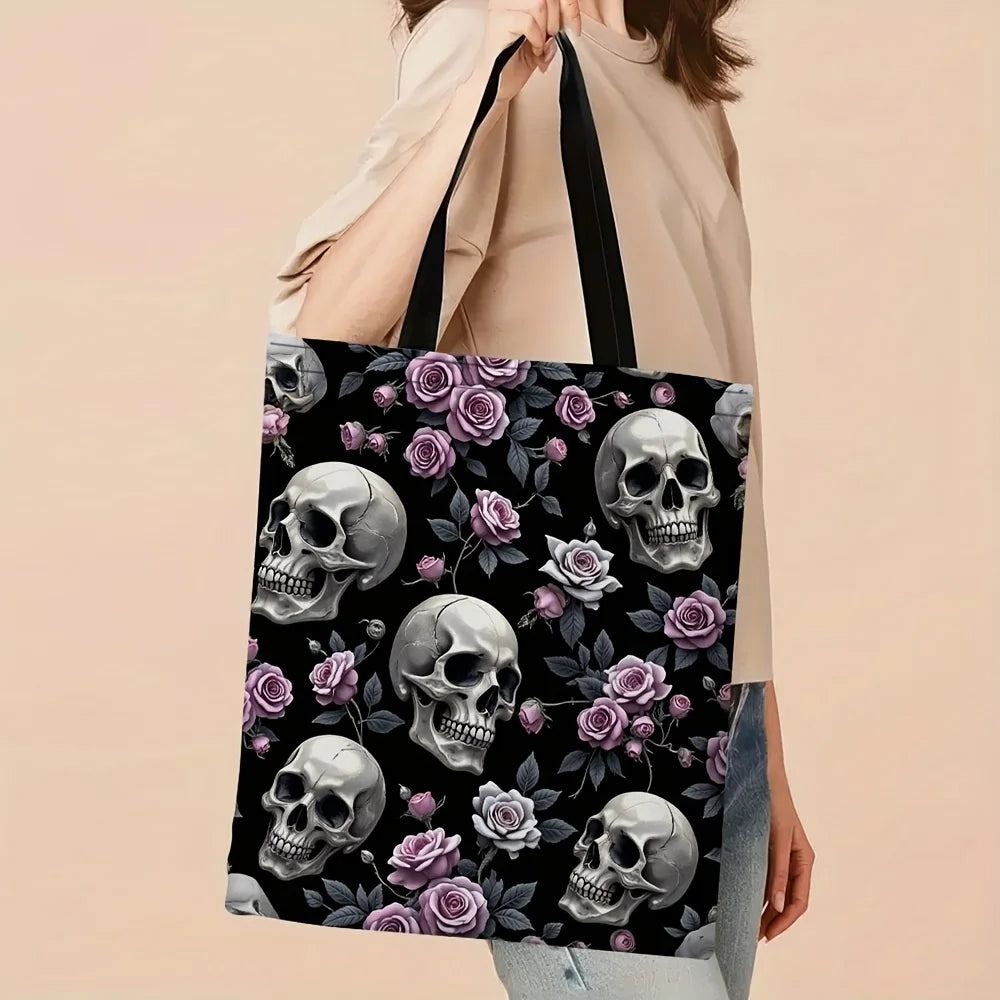 Gothic Rose Floral Skull Tote Bag – Stylish Reusable