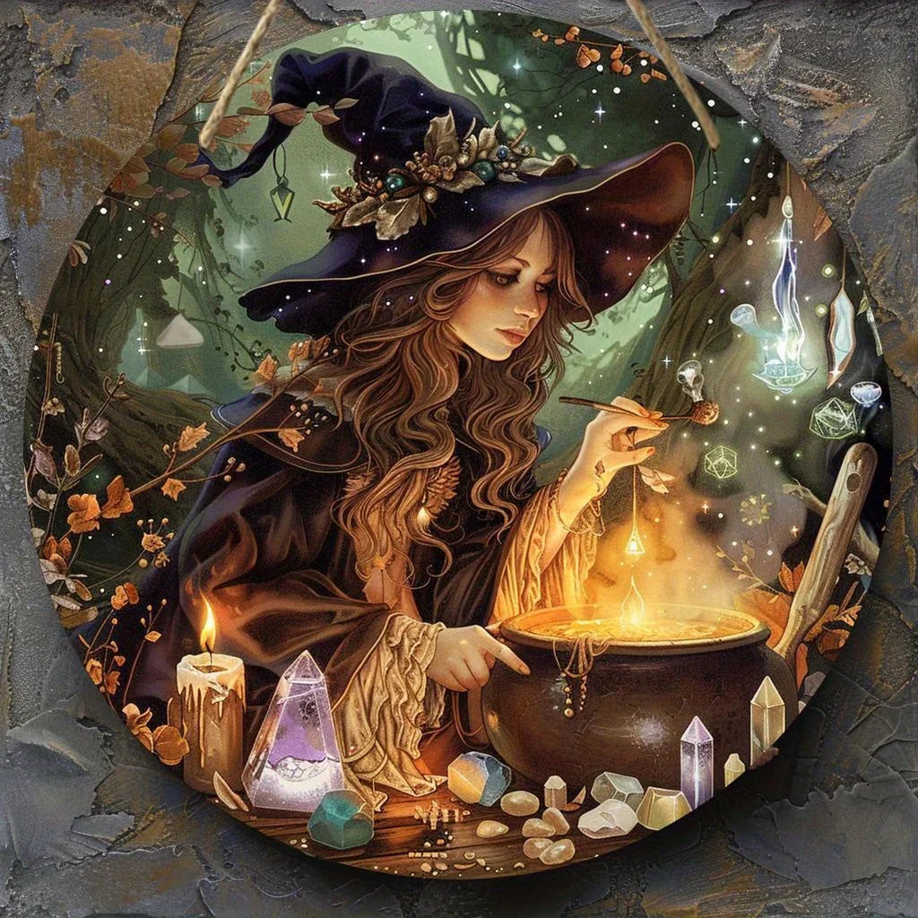 Witch Theme Round Wooden Sign