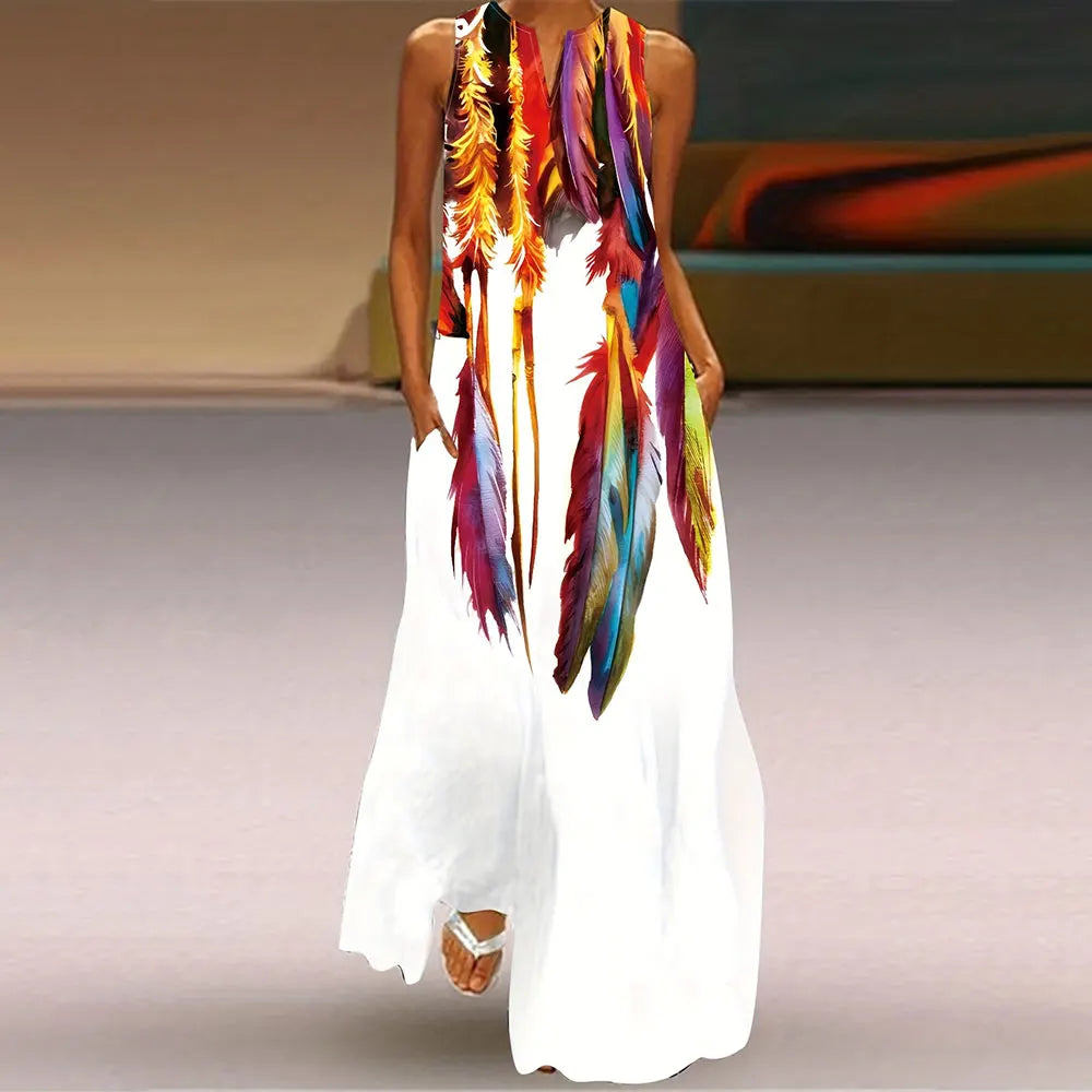 Feather Digital Print Sleeveless One-Piece Dress