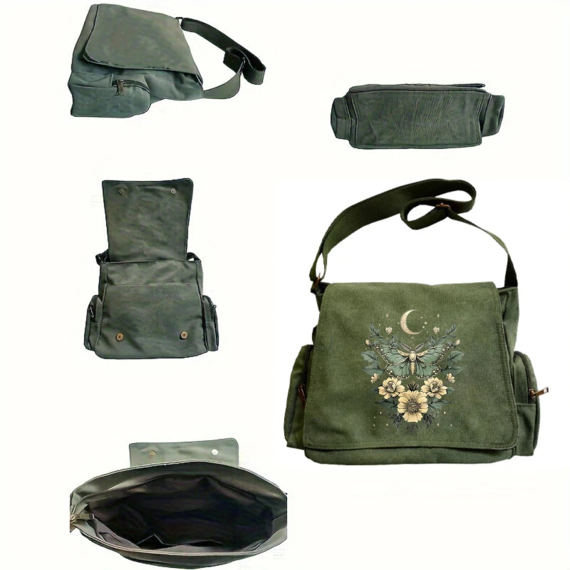 Shoulder Bag Vintage Canvas Moth Butterfly Print Large Capacity