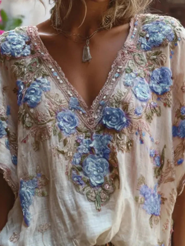 Floral Print Loose Tops Casual V-neck Short Sleeve
