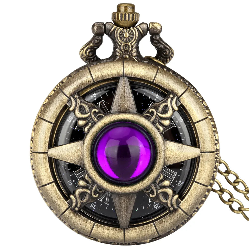 Hollow Sun Rhinestone Decorated Chic Bronze Quartz Pocket Watch Men Women Black Starry Roman Numerals Fob Chain Pendant Clock