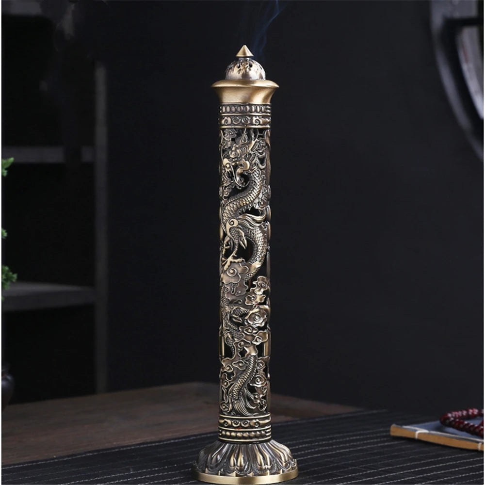 Archaize Vertical Incense Burner Buddha Heart Sutra Dragon Phoenix Pillar Metal Thread Incense Stick Home Office Decoration
