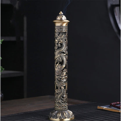 Archaize Vertical Incense Burner Buddha Heart Sutra Dragon Phoenix Pillar Metal Thread Incense Stick Home Office Decoration
