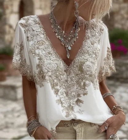 Floral Print Loose Tops Casual V-neck Short Sleeve