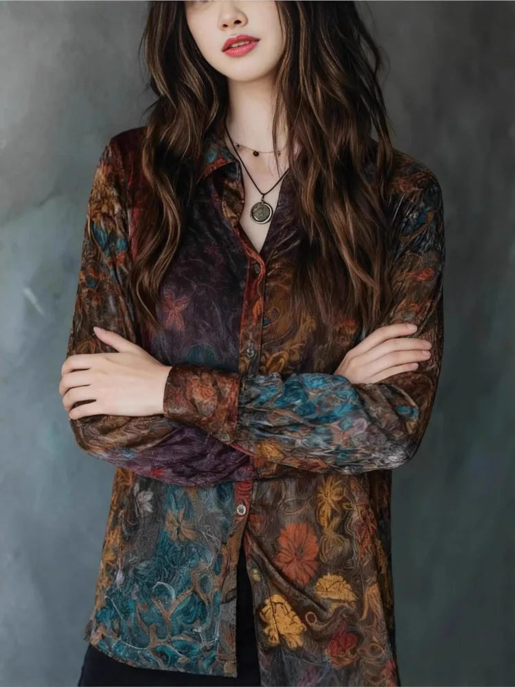 Casual Long Sleeve Button-Down Flower Print Shirt