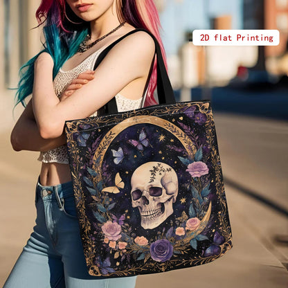 Women's Gothic Tote Bag - Large Capacity Open Top Purse with Elegant Skull & Floral Design (Purple/Black/ Golden/)