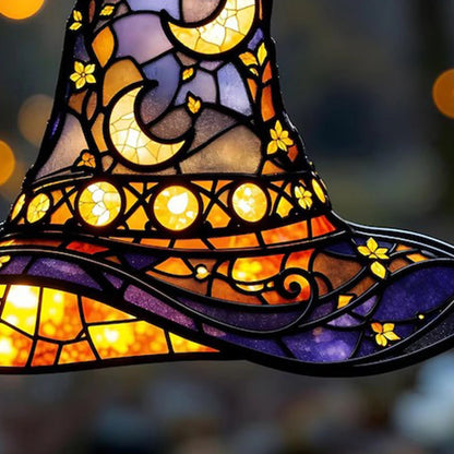 Halloween Witch Hat Window Hanging Acrylic Sun Catchers Hat Shaped with Moon & Floral Pendant Wall Decortions for Home & Garden