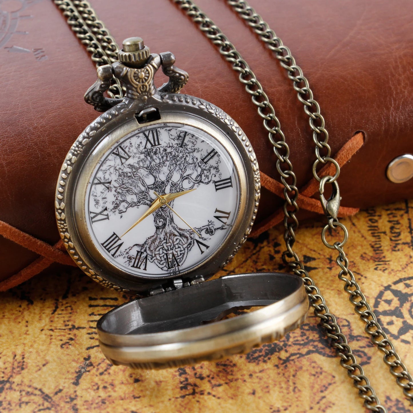 Bronze Hollow Tree of Life Quartz Pocket Watch