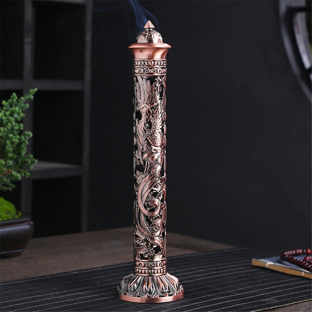 Archaize Vertical Incense Burner Buddha Heart Sutra Dragon Phoenix Pillar Metal Thread Incense Stick Home Office Decoration