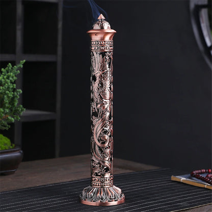 Archaize Vertical Incense Burner Buddha Heart Sutra Dragon Phoenix Pillar Metal Thread Incense Stick Home Office Decoration