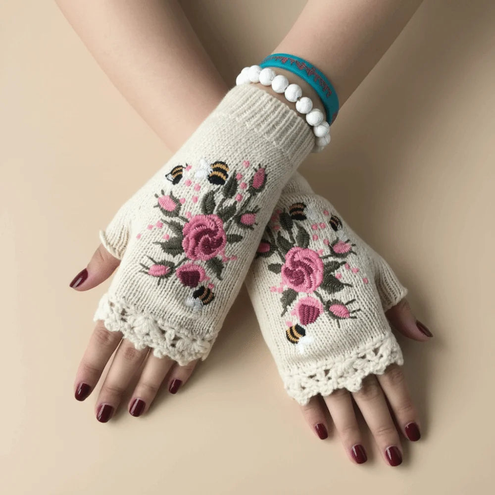 Vintage Embroidery Knitted Fingerless Gloves