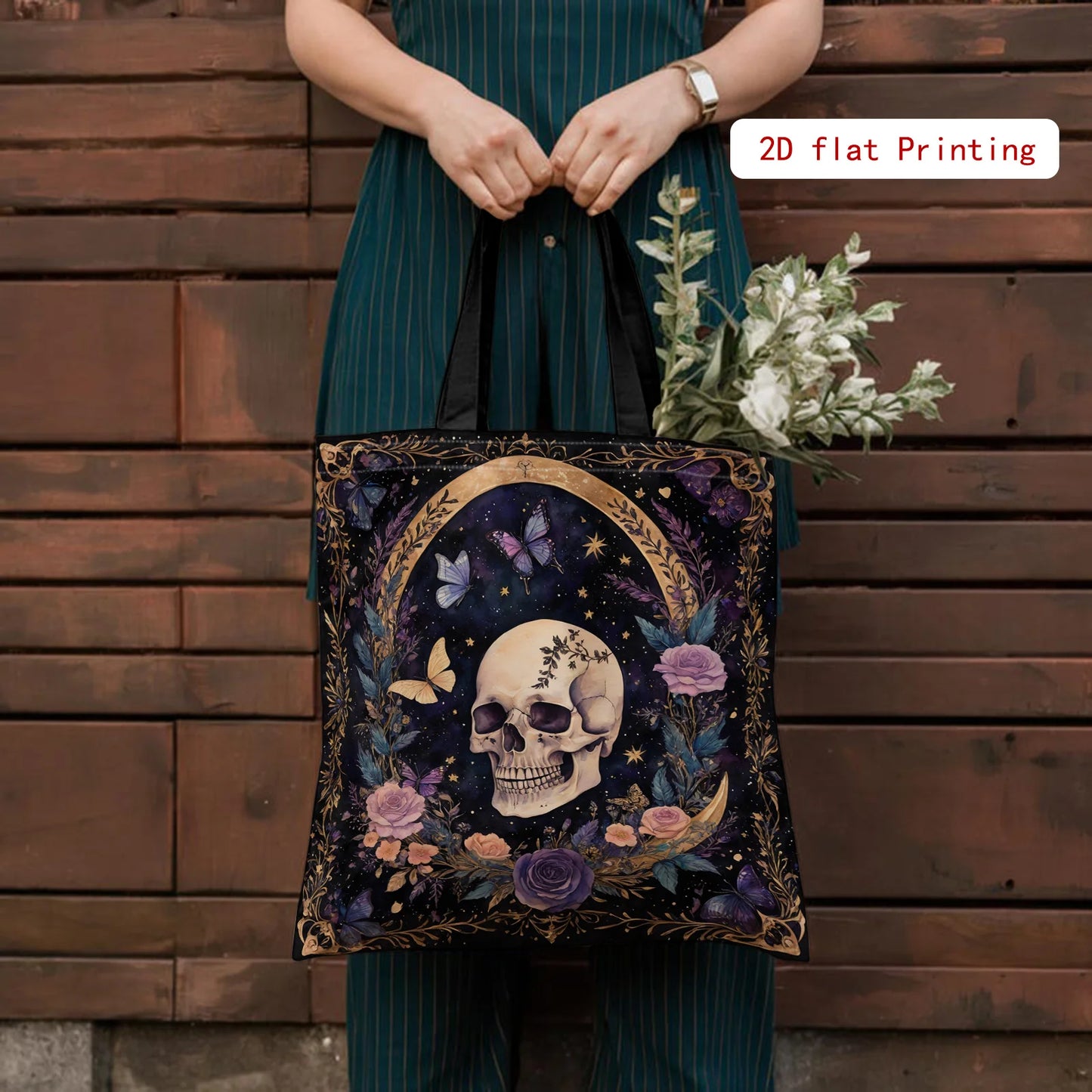Women's Gothic Tote Bag - Large Capacity Open Top Purse with Elegant Skull & Floral Design (Purple/Black/ Golden/)