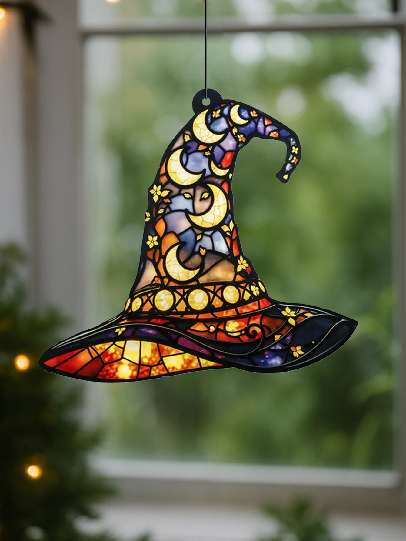 Halloween Witch Hat Window Hanging Acrylic Sun Catchers Hat Shaped with Moon & Floral Pendant Wall Decortions for Home & Garden