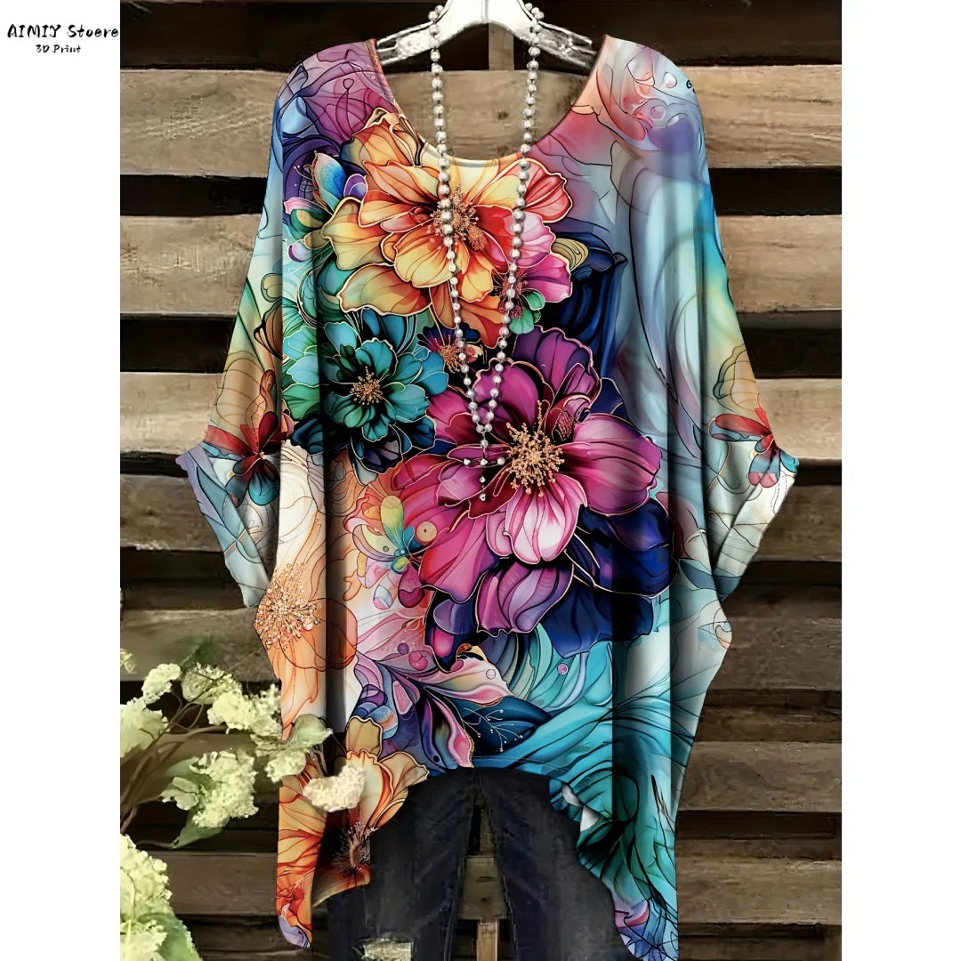 Butterfly Flower Pattern Printed Tail Hem Round Neck T-Shirt