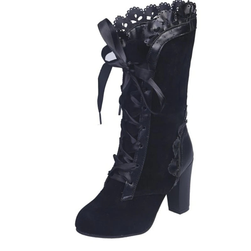 High Heel Vintage Leather Suede Lace Up Mid Calf Boots