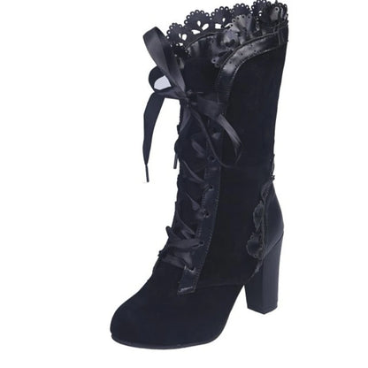 High Heel Vintage Leather Suede Lace Up Mid Calf Boots