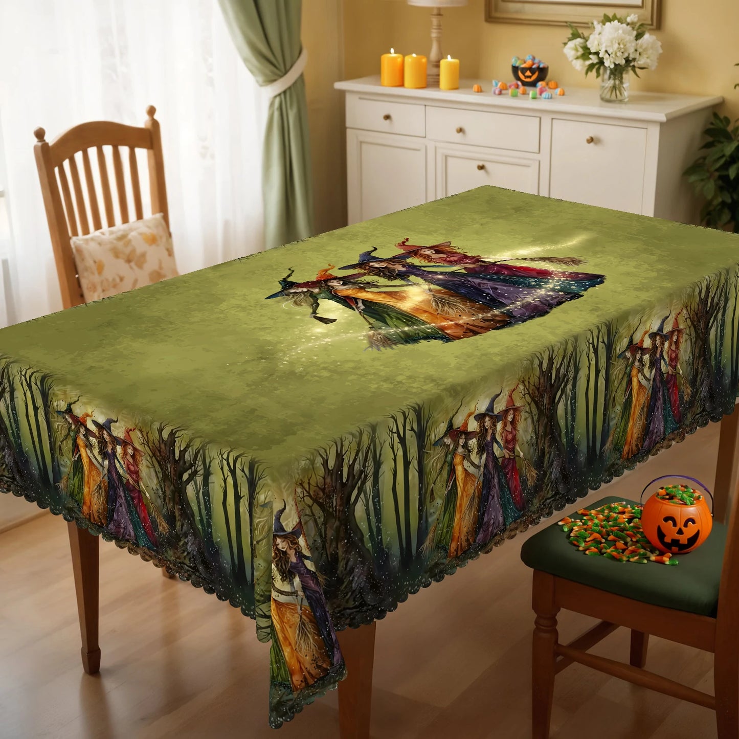 Retro Magic Broom Witch Pattern Tablecloth