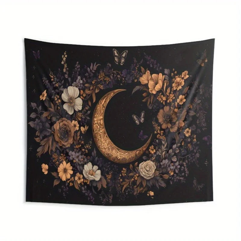1 Crescent Moon Tapestry - Gothic Bohemian Celestial Wall Decor with Floral Crescent Moon and Butterflies for Witch Garden Decor