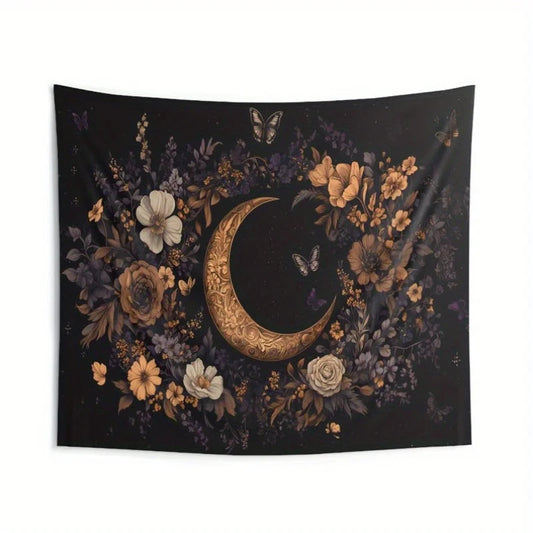 1 Crescent Moon Tapestry - Gothic Bohemian Celestial Wall Decor with Floral Crescent Moon and Butterflies for Witch Garden Decor