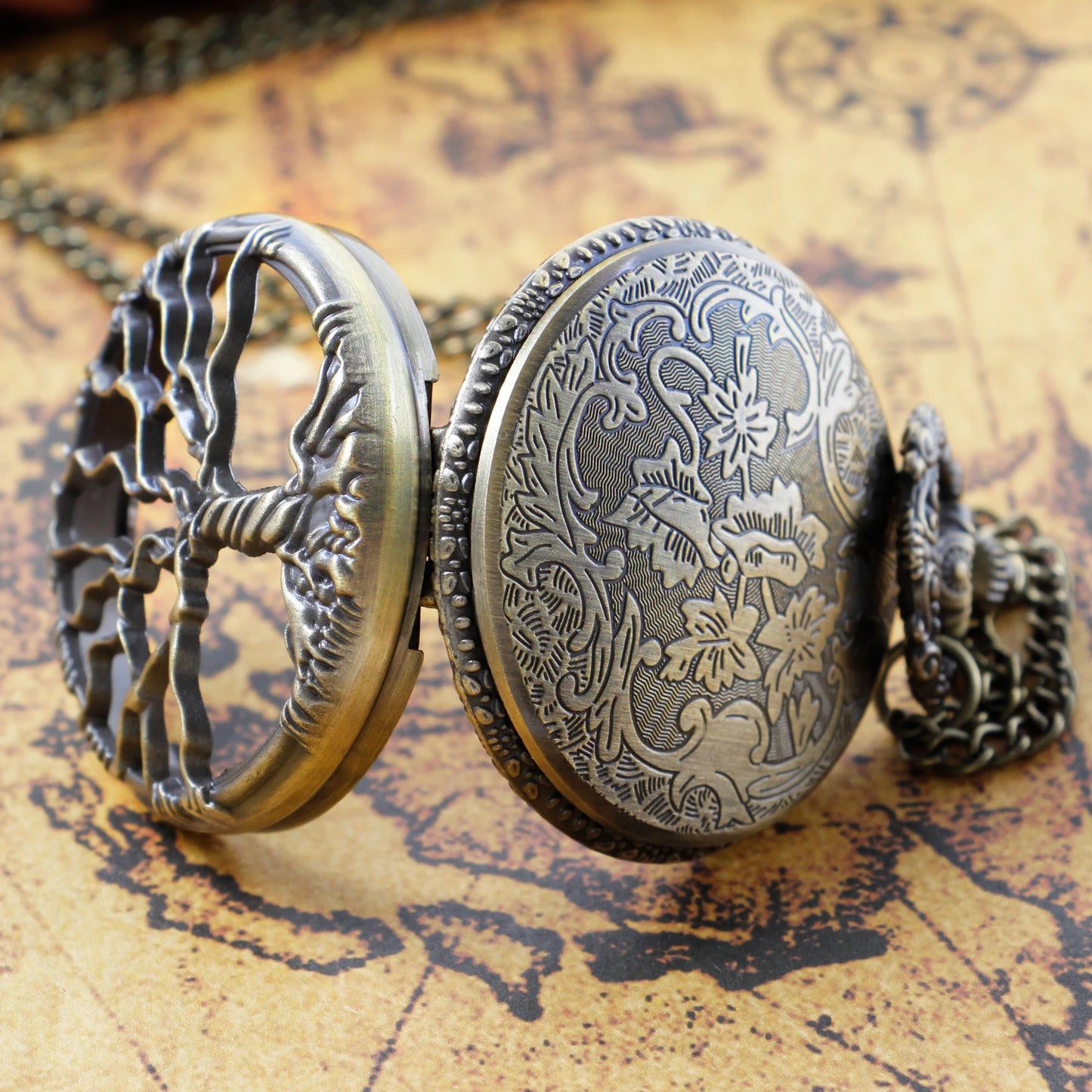 Bronze Hollow Tree of Life Quartz Pocket Watch