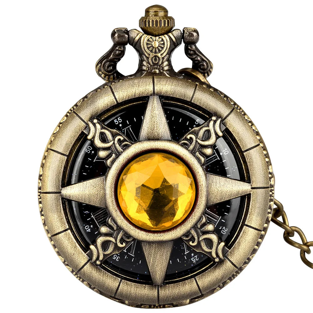 Hollow Sun Rhinestone Decorated Chic Bronze Quartz Pocket Watch Men Women Black Starry Roman Numerals Fob Chain Pendant Clock