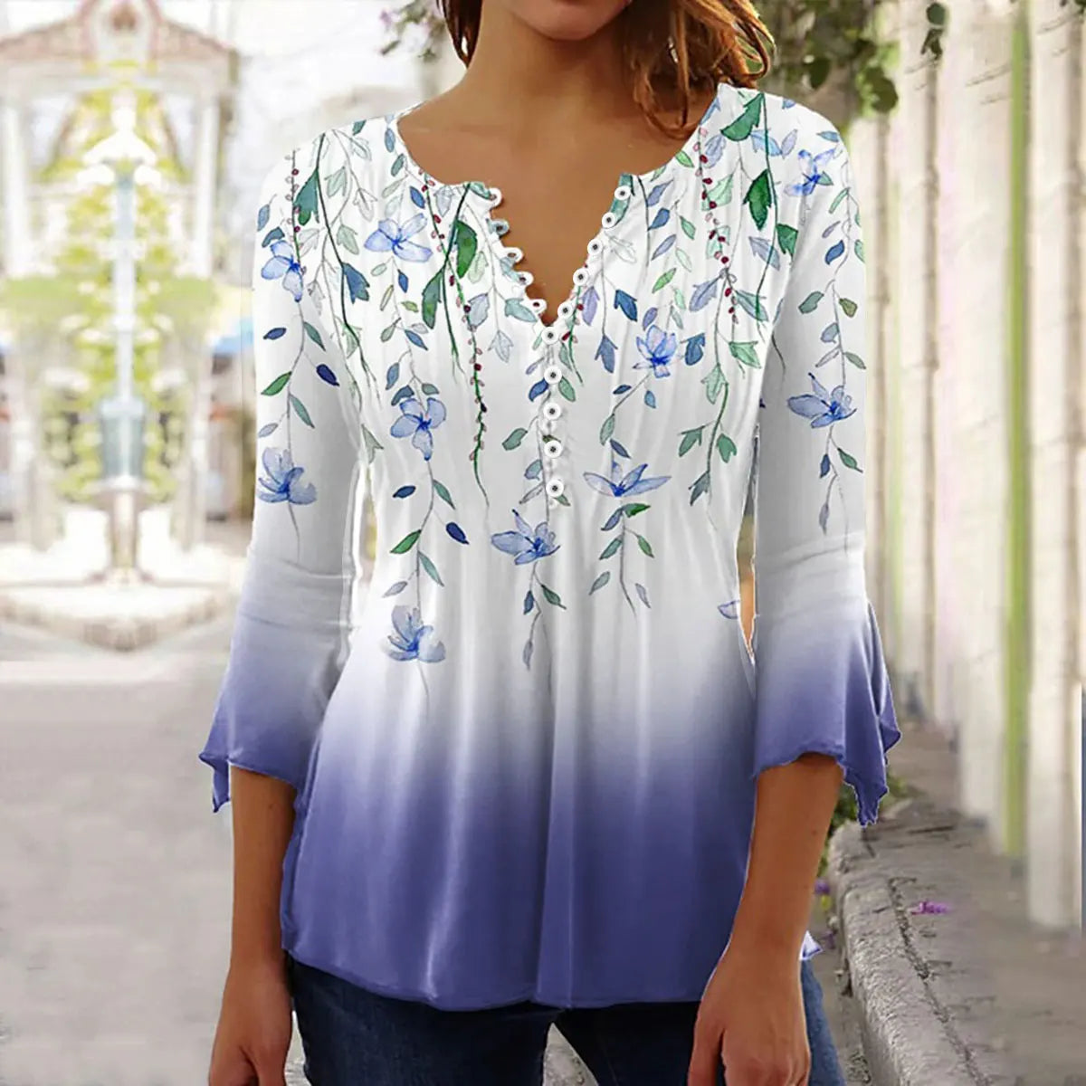 Women'S V-Neck Button-Down T-Shirt