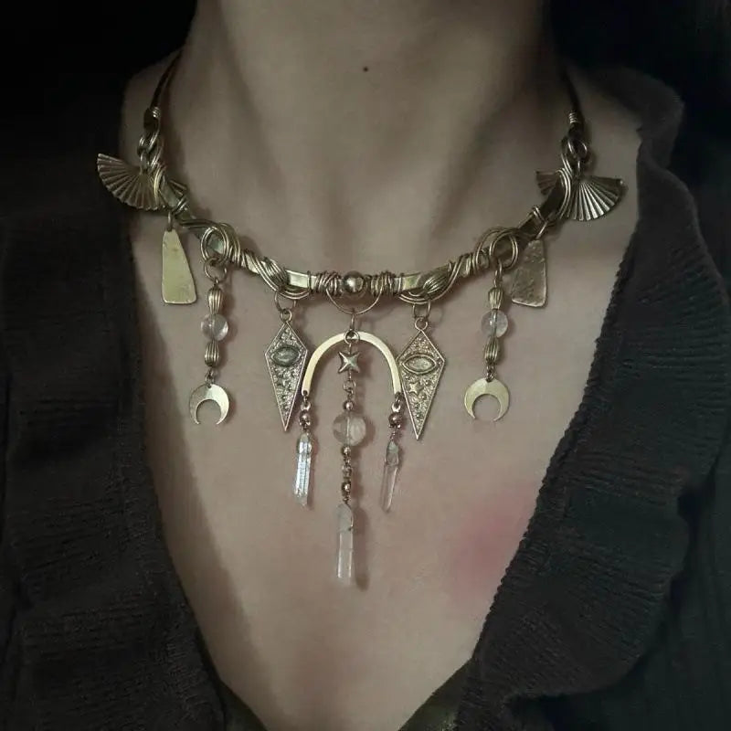 Vintage Glamorous  Red Crystal Moon Pendant Necklace