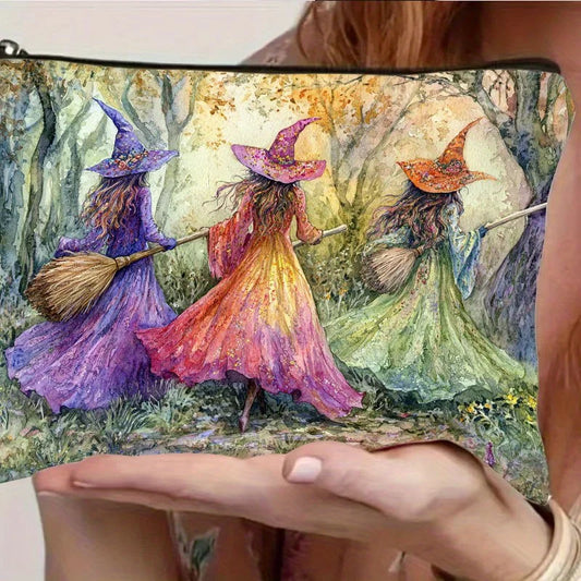 1pc Retro Witch-Themed Resin Makeup Bag with Safety Zipper - Vibrant Witches' Forest Design,Makeup Organizer Bags, for Halloween