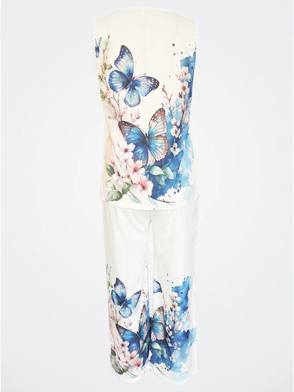 Simple Sleeveless Printed Vest Long Pants Set