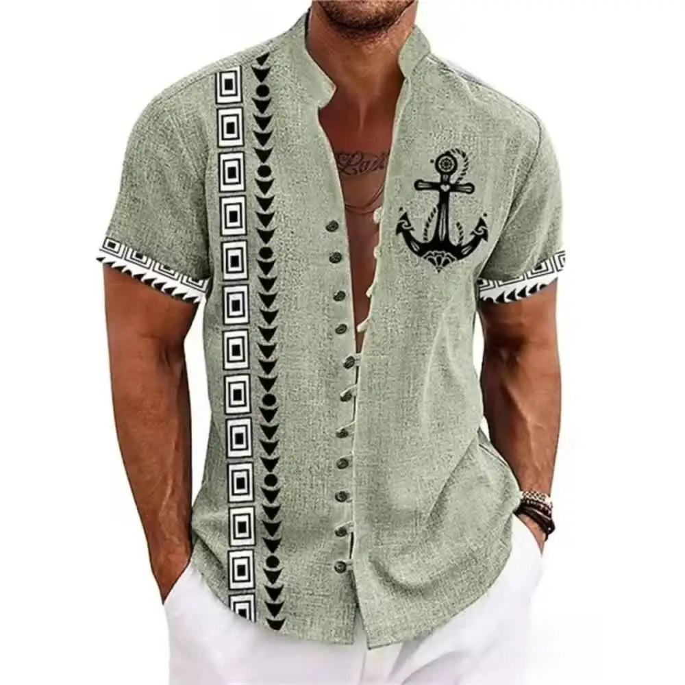 Men's Linen Short-Sleeved Shirt Ethnic Totem Print