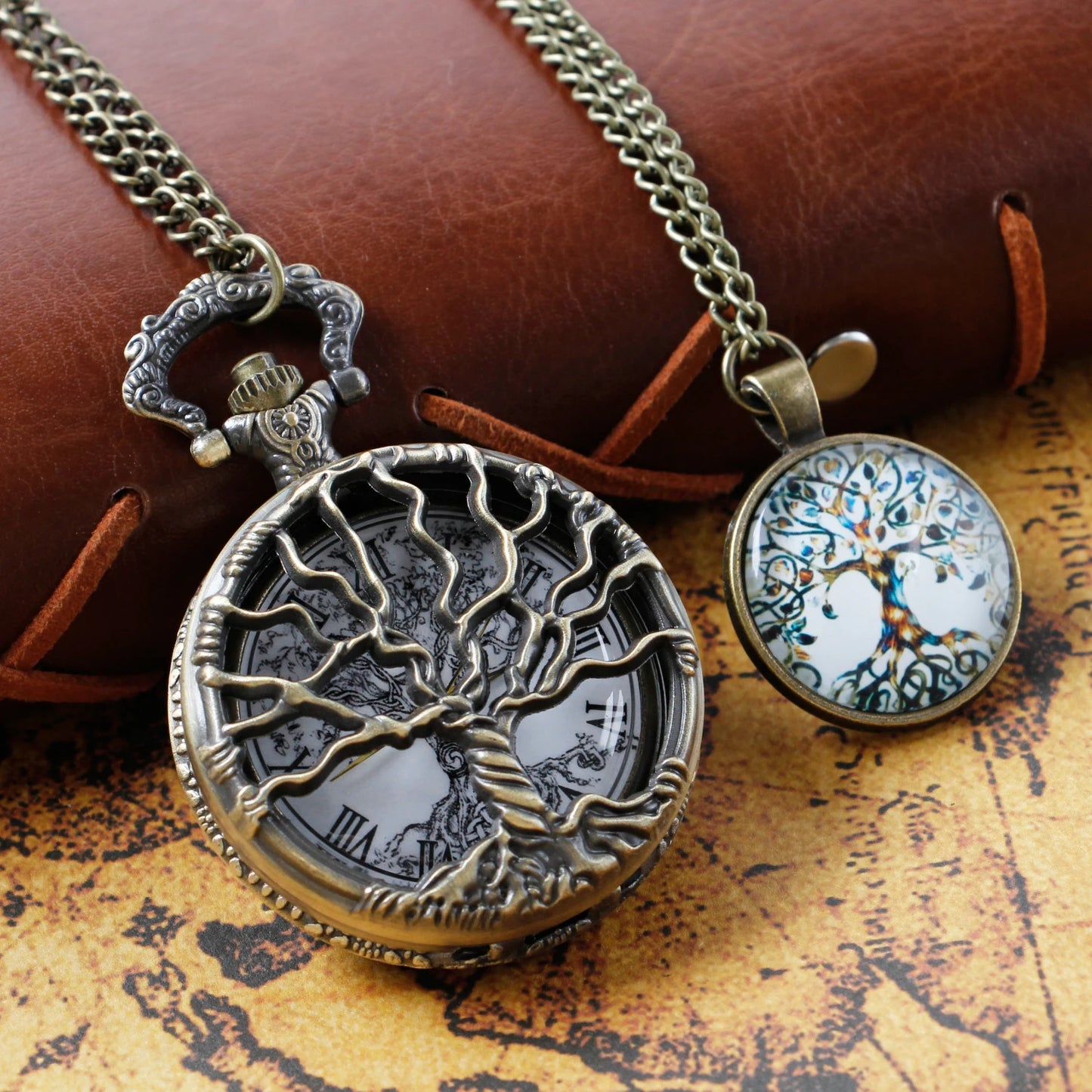 Bronze Hollow Tree of Life Quartz Pocket Watch