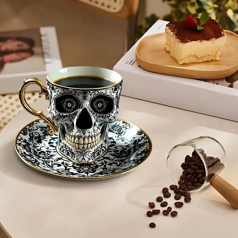 Skull Printed Resin Coffee Cups and Saucers