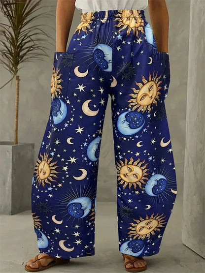 Wide-legged Pants Elegant Sun, Moon And Star Print