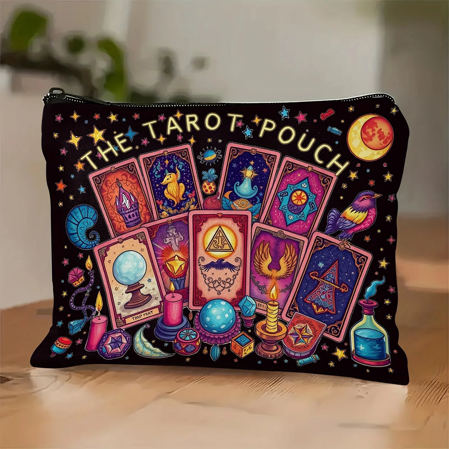 The Tarot Pouch Vibrant Cosmic Tarot Card Design Durable Polyester Compact & Portable Cosmetic Bag for Daily Use or Travel Pouch
