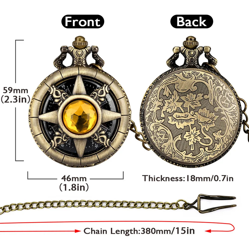 Hollow Sun Rhinestone Decorated Chic Bronze Quartz Pocket Watch Men Women Black Starry Roman Numerals Fob Chain Pendant Clock