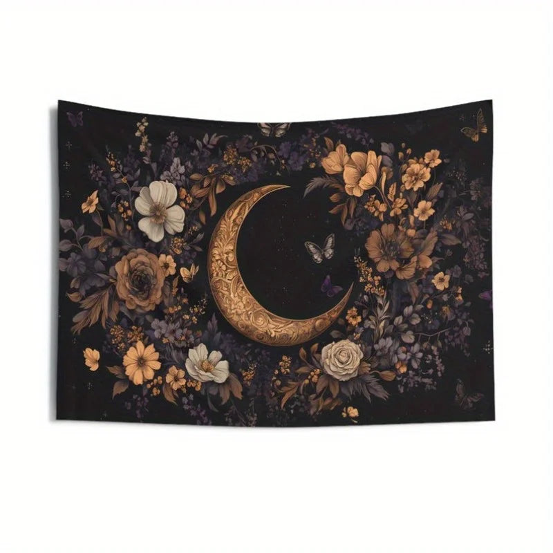 1 Crescent Moon Tapestry - Gothic Bohemian Celestial Wall Decor with Floral Crescent Moon and Butterflies for Witch Garden Decor