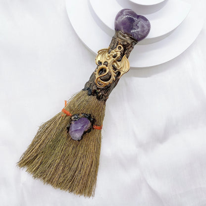 Natural Amethyst Crystal Love Heart Magic Broom