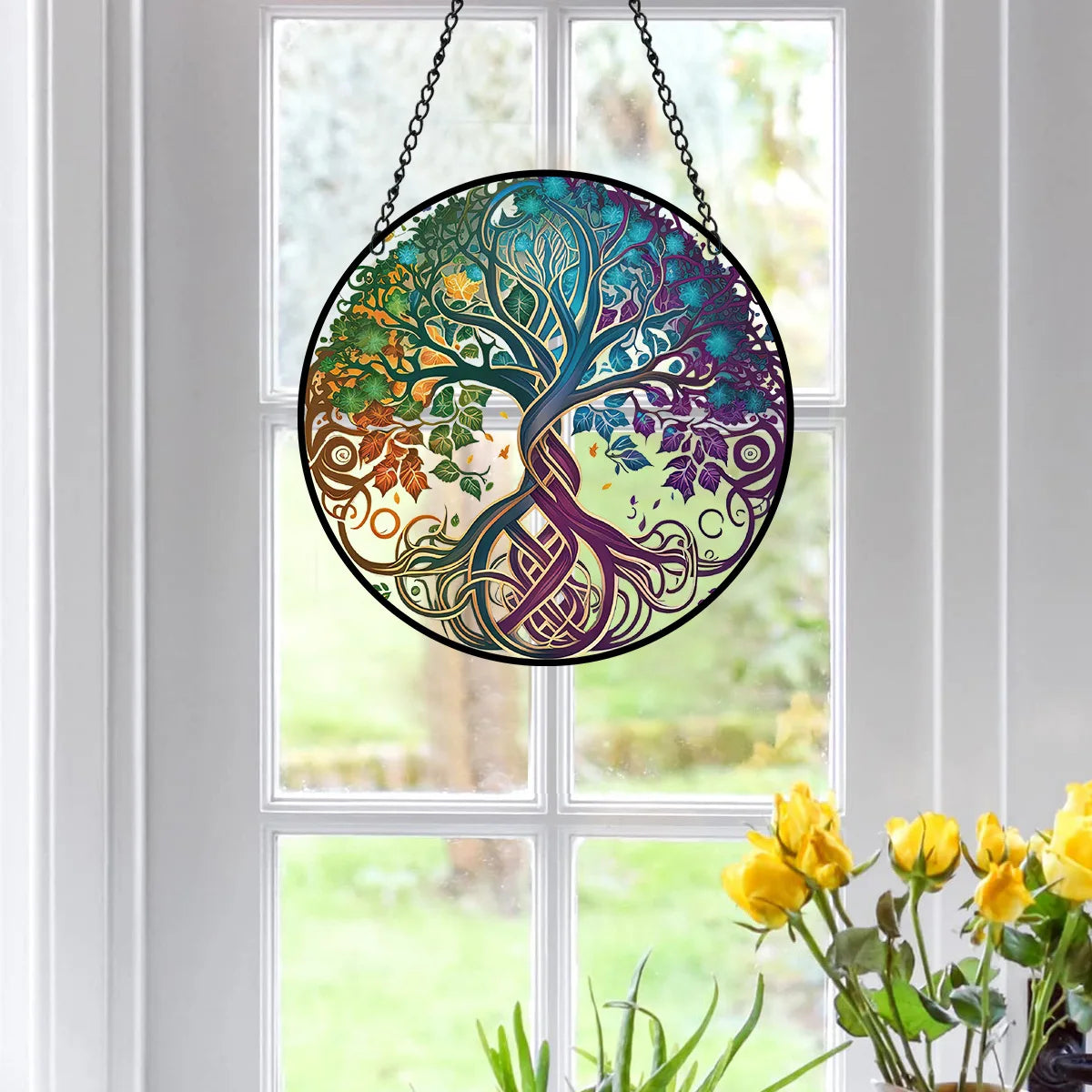 Glass Pattern Tree of Life Decor Stained Suncatcher for Window Hanging Ornament Panel Decor