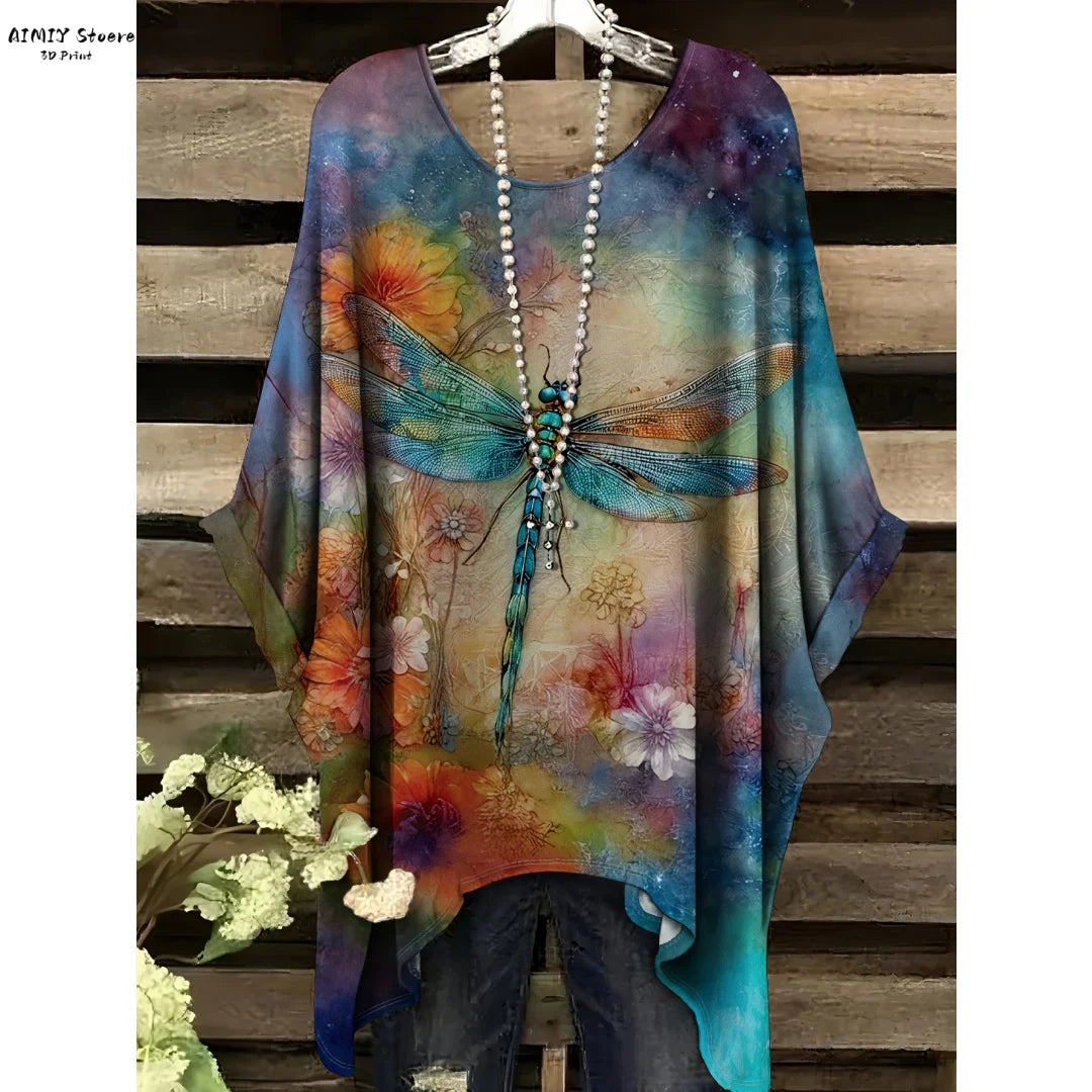 Butterfly Flower Pattern Printed Tail Hem Round Neck T-Shirt